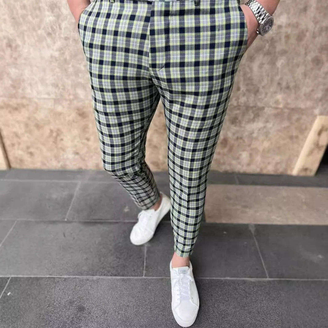 12 Colors Plaid Printed Men's Pencil Pants Business Casual Ankle Length Slim Men Suit Pants Fashion Handsome Pantalones Hombre