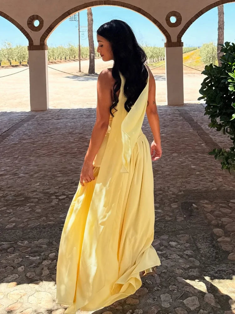 High Split Pleated Hem Patchwork Long Dress Women Strapless Backless Sleeveless Robes Chic Lady Holiday Evening Party Gown