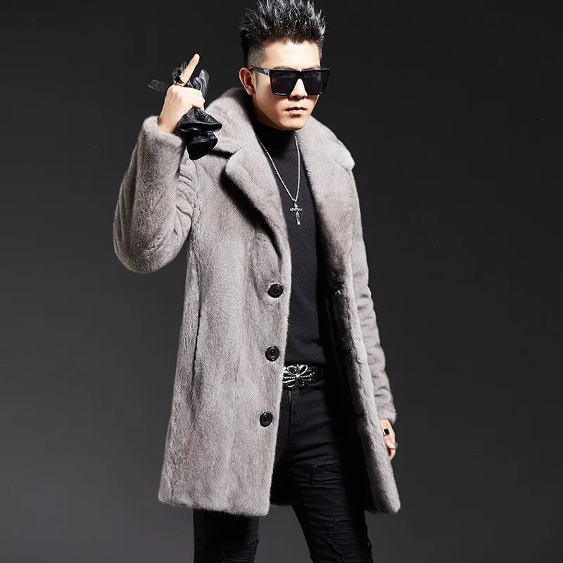 Men's winter warm fur coat mimics mink casual windbreaker mid-length jacket