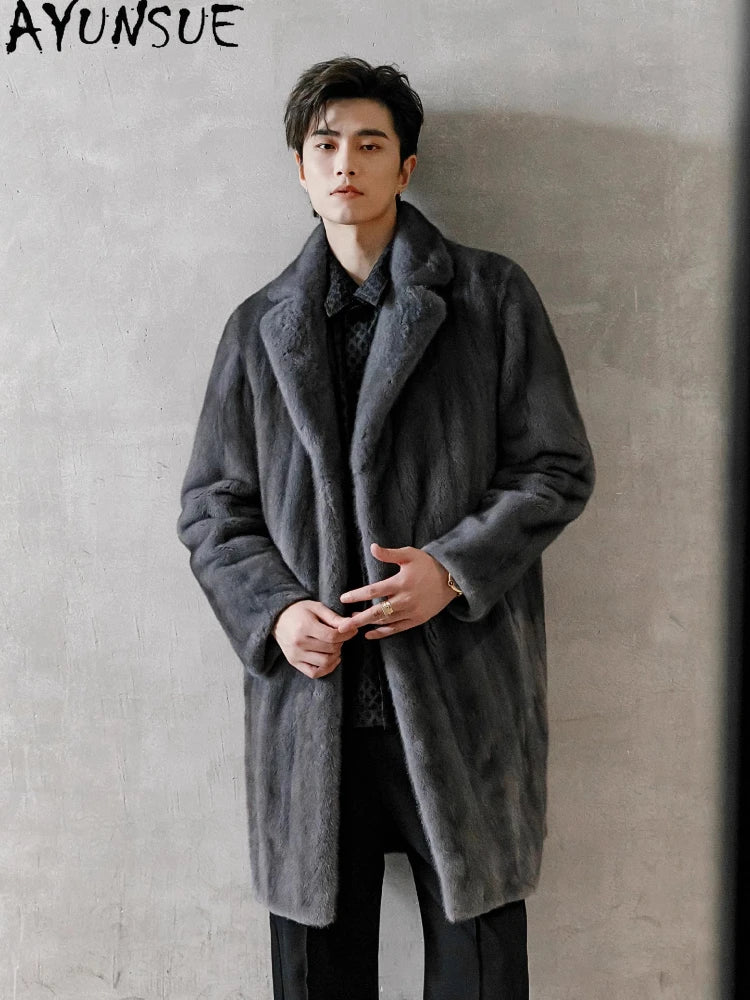 AYUNSUE Top Quality Natural Fur Coat Man Real Mink Jacket for Men 2025 Winter High-end Mink Fur Coats Mid-length Luxury Outwears