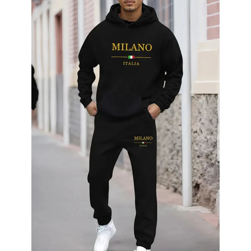 Men's autumn and winter casual fashion warm MILANO ITALIA pattern printed loose plush thick hooded sweatshirt+sweatpants set