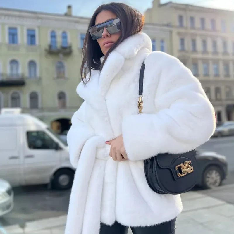 2024 Fur Jacket Imitation Rabbit Fur Lapel Neck Fur Jacket Thickened Thermal Belt Belt Coat Women's Solid Color New