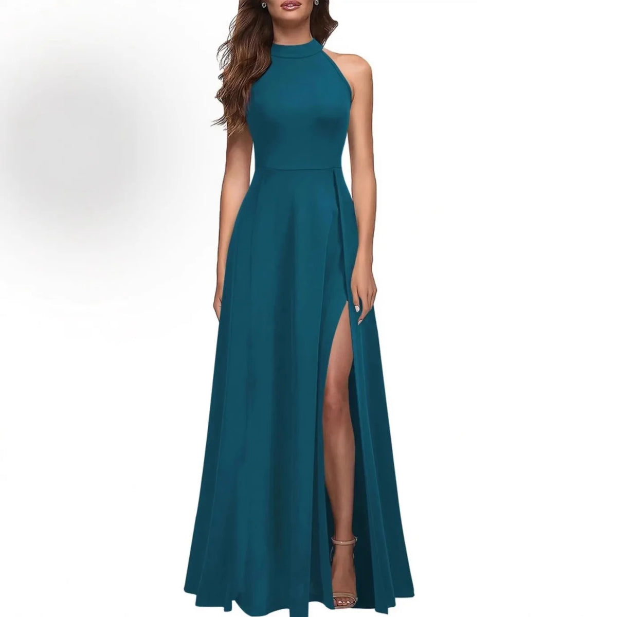 Solid Color High Neck Side Slit Long Evening Gown for Women - Slimming Elegant Formal Dress for Banquets and Parties
