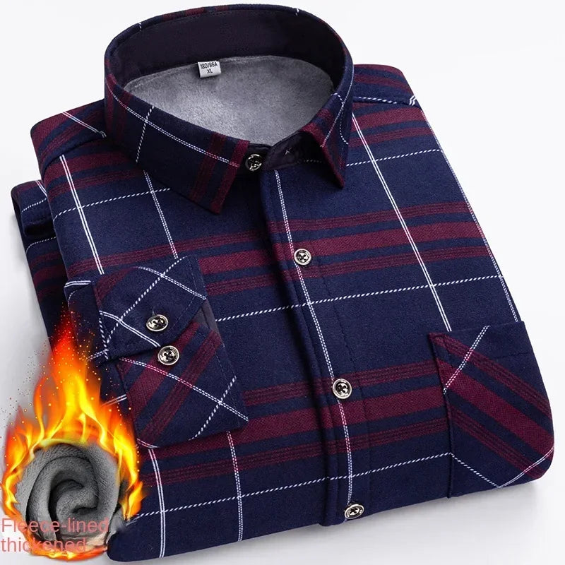 2025 New in Fleece Lining Men's Double-sided Velvet Autumn Winter Plaid  Long-sleeved Shirt Winter Middle-aged and Elderly Shirt