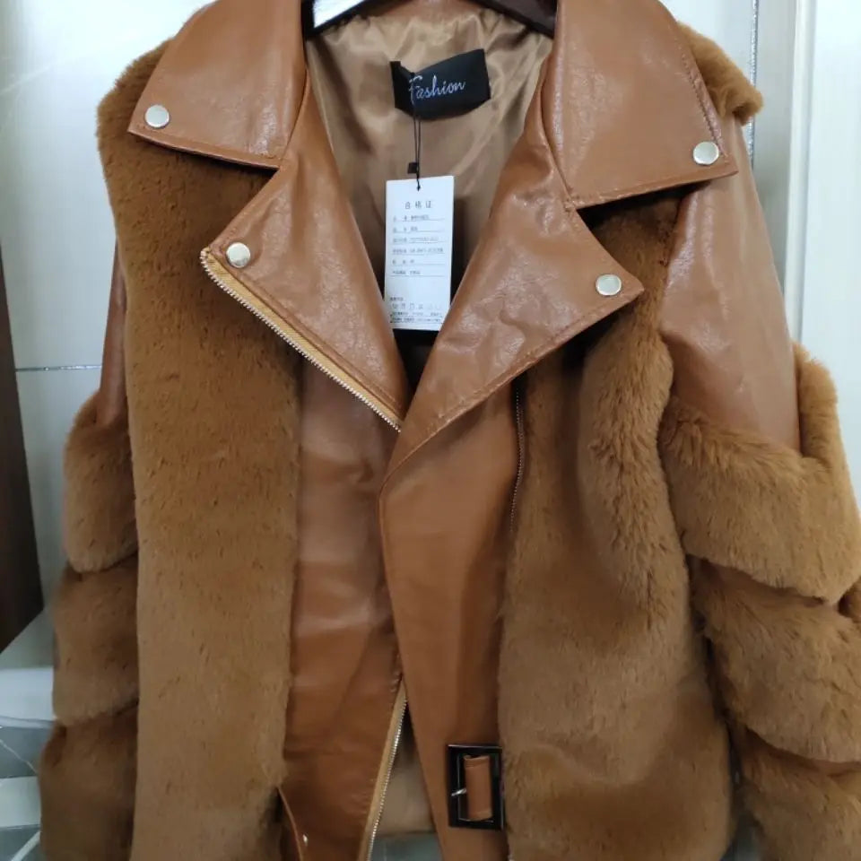 2024 Winter Chic Street Fashion Mid-length Spliced Faux Fur Coat Women Trendy Aesthetics Outfit Loose Outerwear Jackets