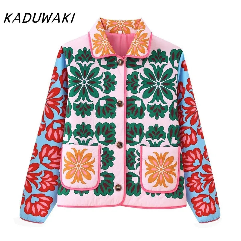 KADUWAKI Fashion Print Panelled Quilted Cotton Jacket Long Sleeve Pocket Cardigan Coat Autumn Winter Daily Casual Tops Outerwear