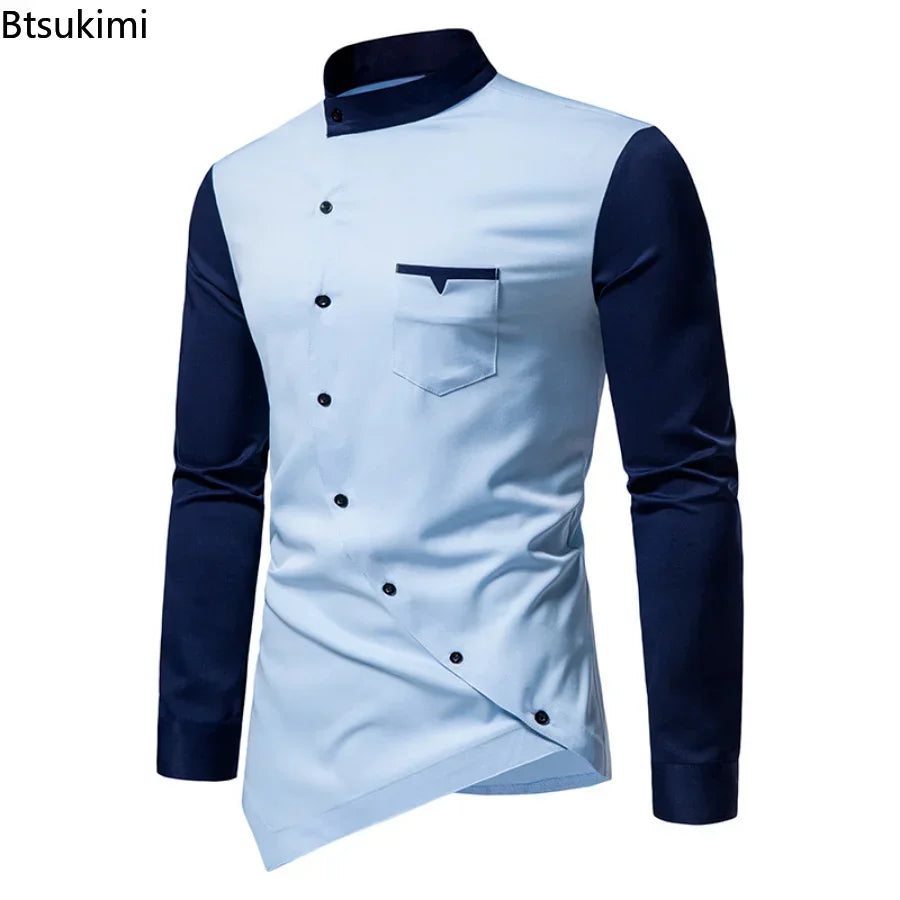 2026 Men's Casual Shirts Patchwork Irregular Oblique Button Long Sleeve Men's Dress Wedding Business Shirt Tops Chemise Homme