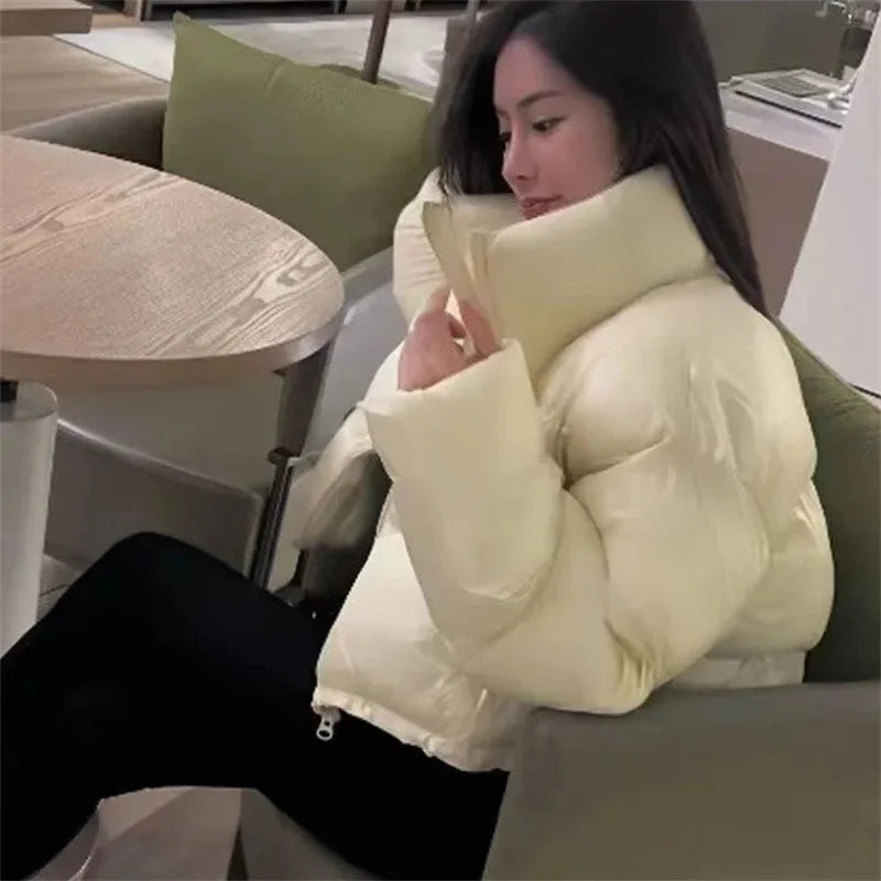 2024 Women Fashion Stand Puffer Jacket Winter Lady Long Sleeves Cotton Padded Outwear Korean Female Short Down Cotton Tops Coat