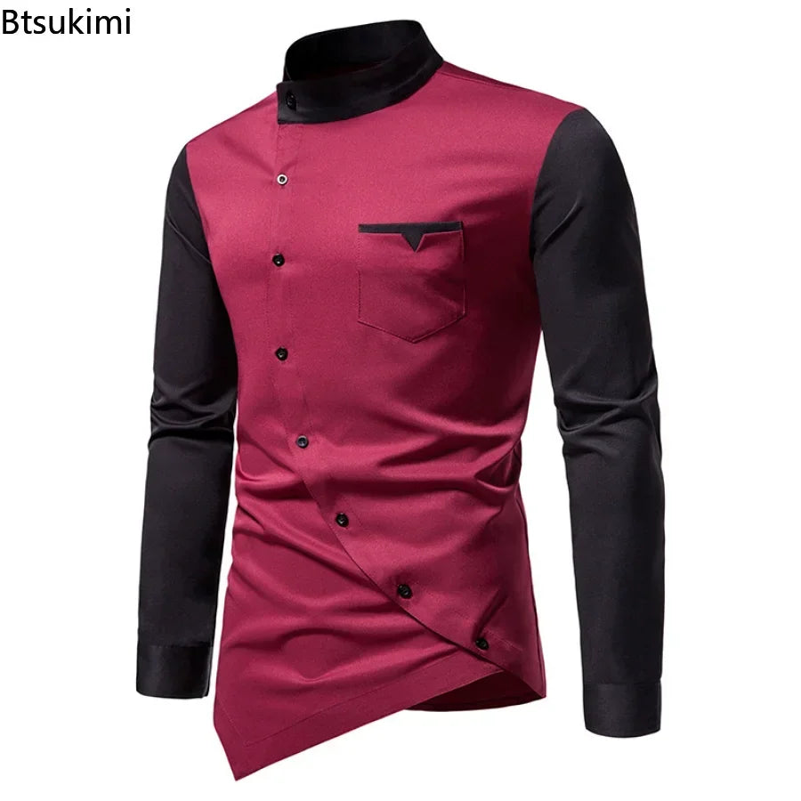 2026 Men's Casual Shirts Patchwork Irregular Oblique Button Long Sleeve Men's Dress Wedding Business Shirt Tops Chemise Homme