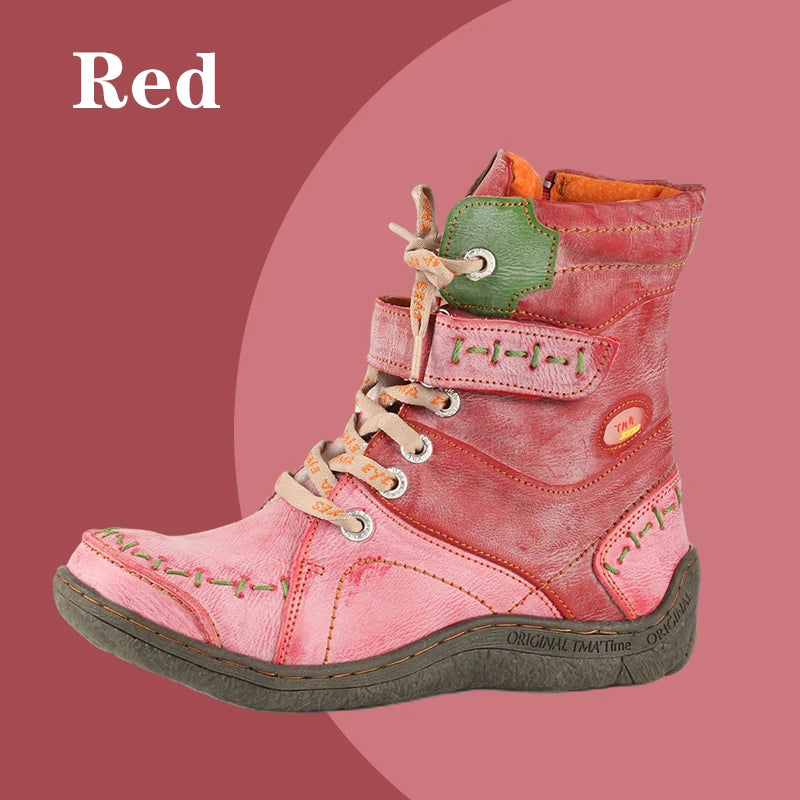 TMA EYES Women's Winter Leather Boots Simple Short Plush With Slip-On Closure Breathable And Anti-Slip Features