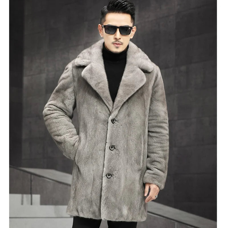 Men's winter warm fur coat mimics mink casual windbreaker mid-length jacket