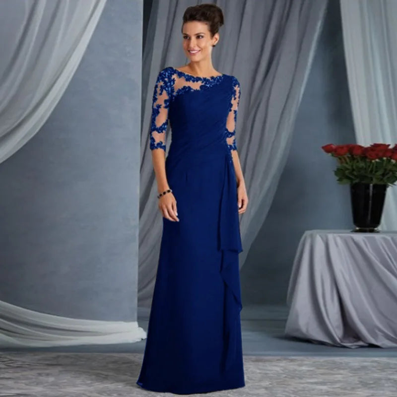 Temperament Elegant Women's Long Dresses See Through Lace Patchwork Mid-sleeve Slim Party Dress Commuting Style Evening Vestidos