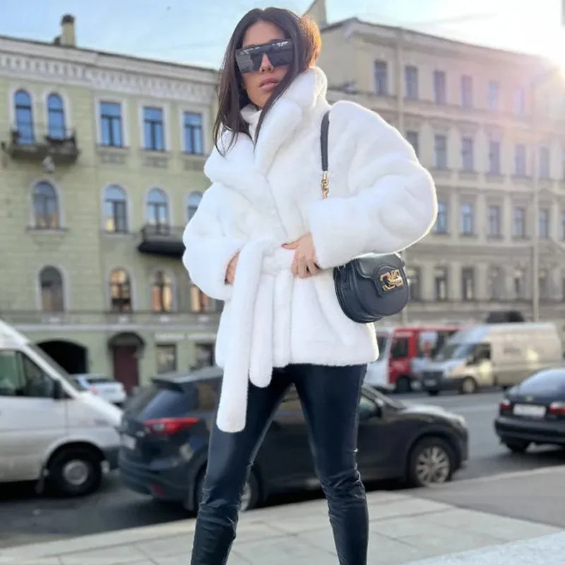 2024 Fur Jacket Imitation Rabbit Fur Lapel Neck Fur Jacket Thickened Thermal Belt Belt Coat Women's Solid Color New