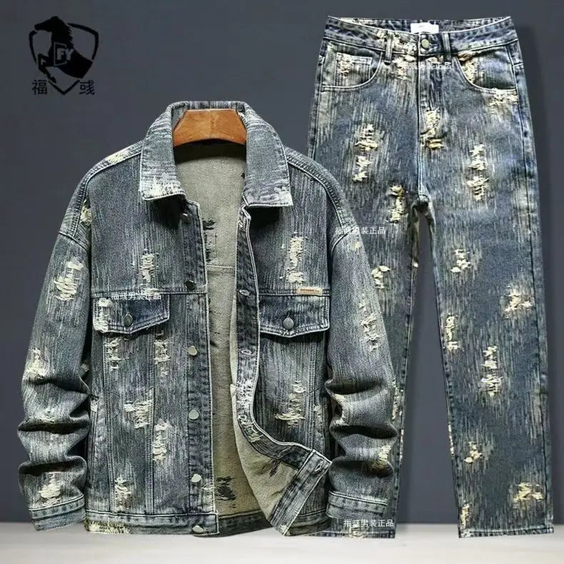 Spring Autumn New American Denim Coats Set Classic  retro Cowboy Jeans Trendy Two-Piece Sets Versatile Outerwear Casual Jacket