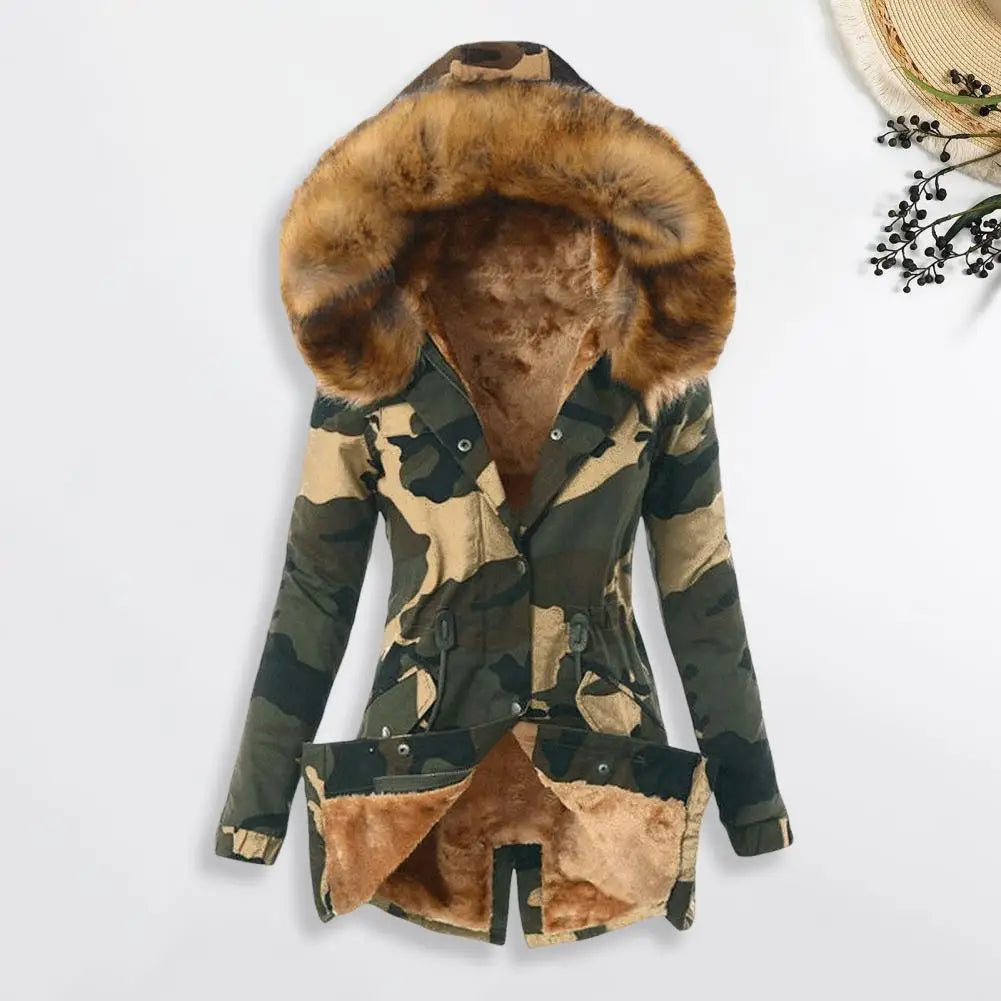 Women Winter Windproof Mid Length Jacket Faux Fur Fleece-lined Down Coat Camouflage Print Slim Fit Outerwear