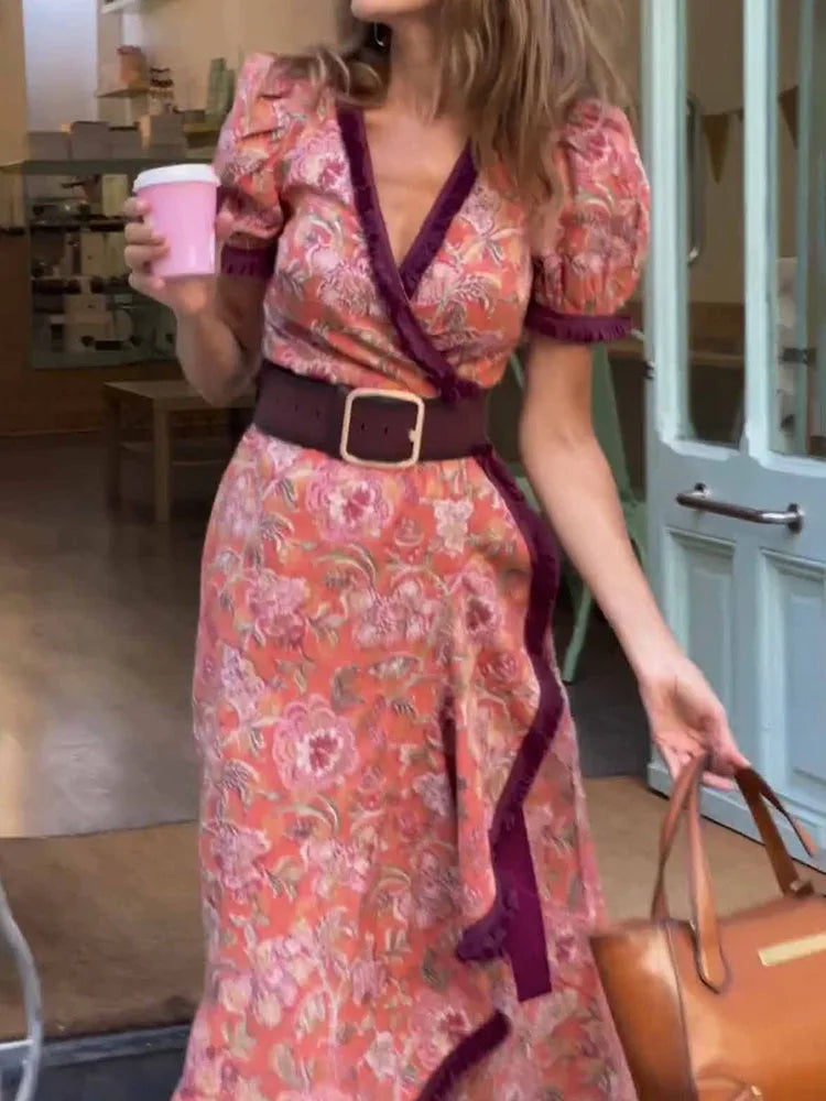 Spring Summer Lady V Neck Maxi Dress Casual Women Party Club Print Patchwork Dress Streetwear Short Sleeve Slim Lacing Up Dress