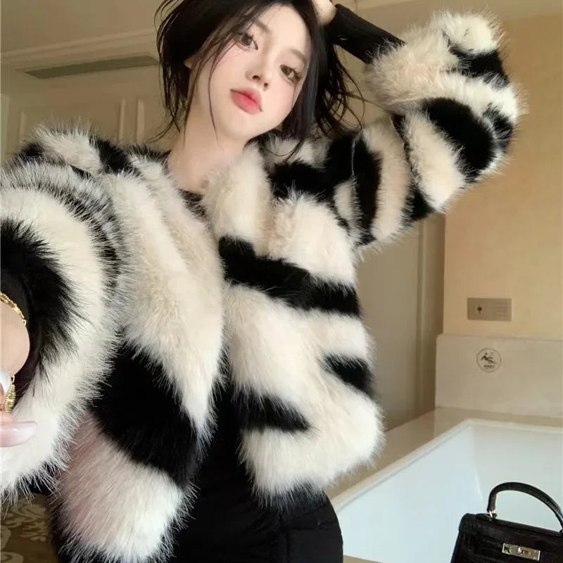 Korean Fashion Faux Mink Fur Coat Women Winter Clothes Socialite Style High end Warm Casual Zebra Short Fur Jackets Women Tops