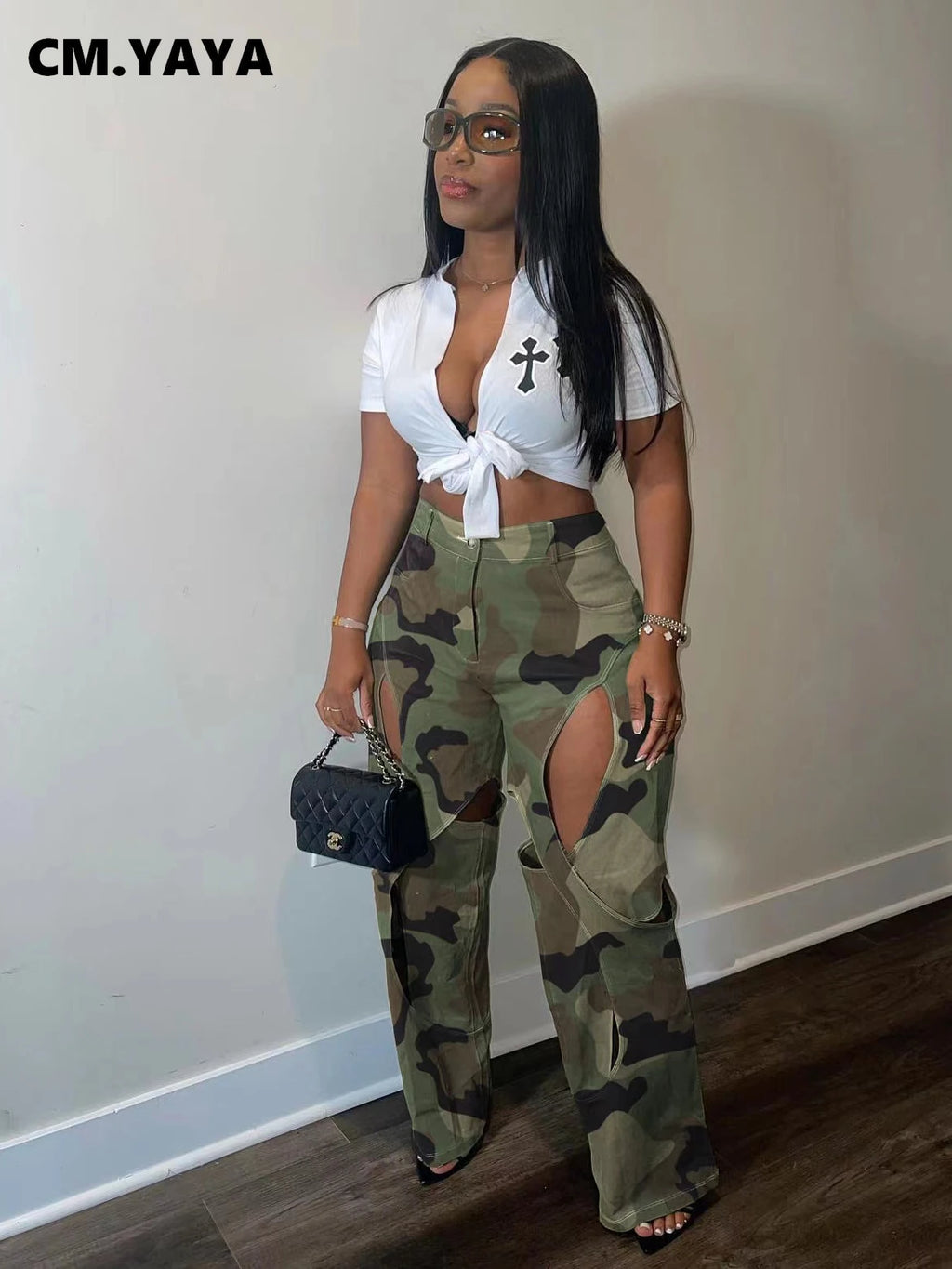 CM.YAYA Fashion women camouflage cutout cross criss straight cargo pants 2023 autumn winter safari style trousers