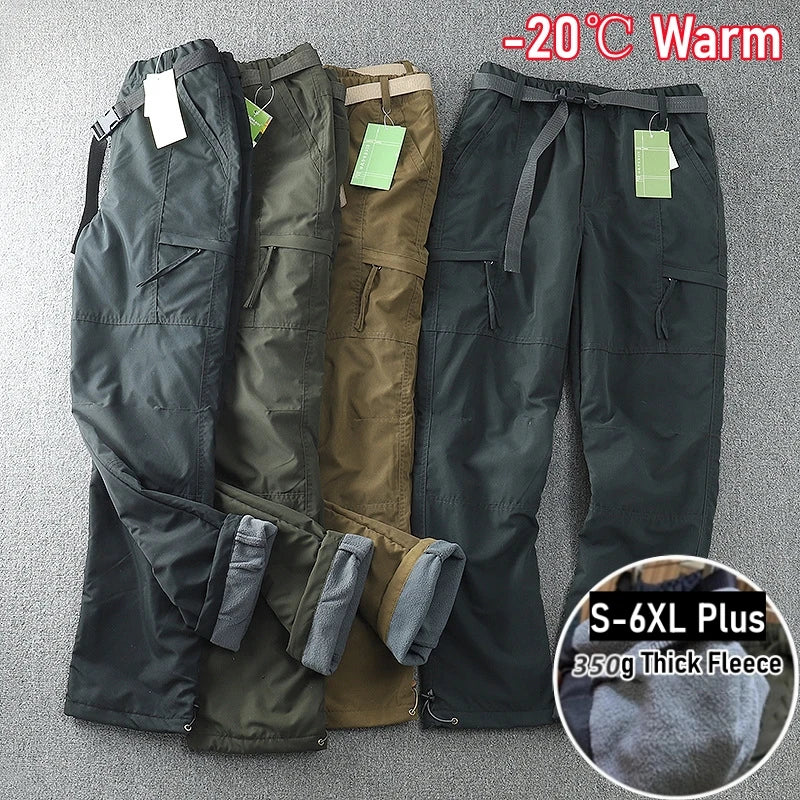 S-6XL Winter Cotton Padded Fleece Pants Men Plus Size Multi Pocket Workwear Cargo Pants Outdoor Windproof Warm Soft Trousers