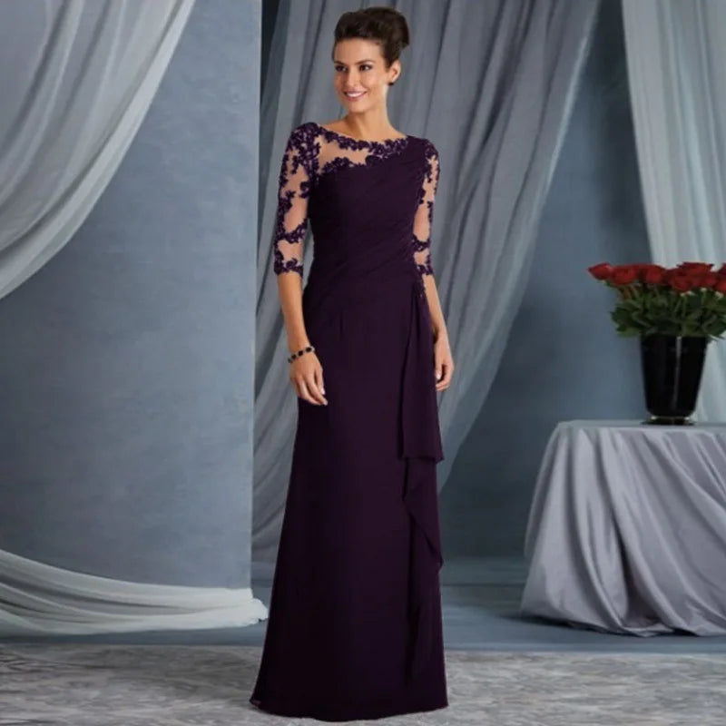 Temperament Elegant Women's Long Dresses See Through Lace Patchwork Mid-sleeve Slim Party Dress Commuting Style Evening Vestidos