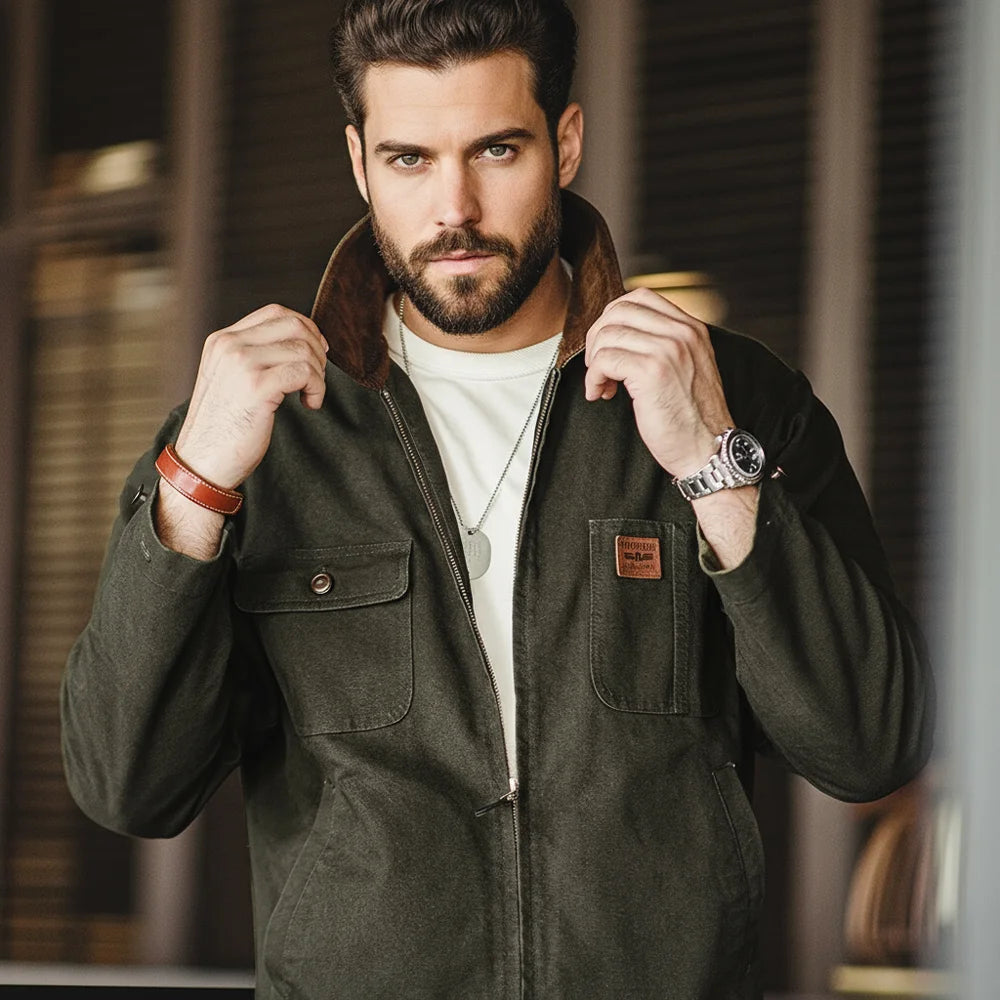 Maden Retro Heavyweight Canvas Detroit Jacket Corduroy Collar Hunting Short Zip-Up Jacket with Pockets Men's Autumn Outerwear