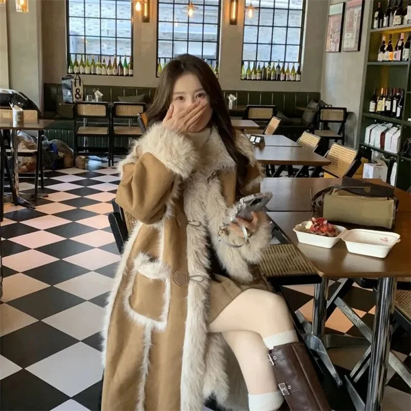Deer Skin Velvet Spliced Denim Jacket For Women's Winter New Velvet Warm Fur Integrated Color Blocking Outwear Imitation Fur Coa