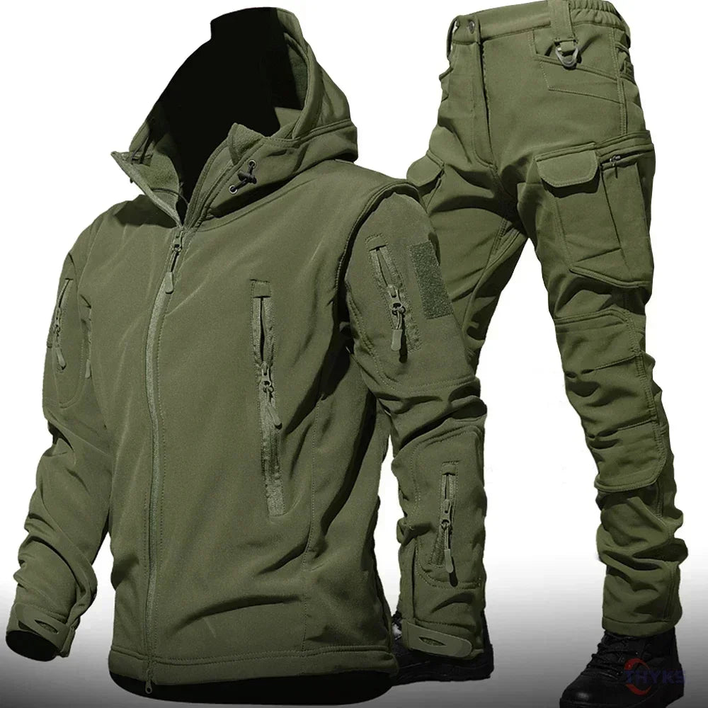 6XL Winter Clothes Sets Soft Shell Tactical Hooded Jacket Straight Cargo Pants Suits Waterproof Militarmy Combat Uniform