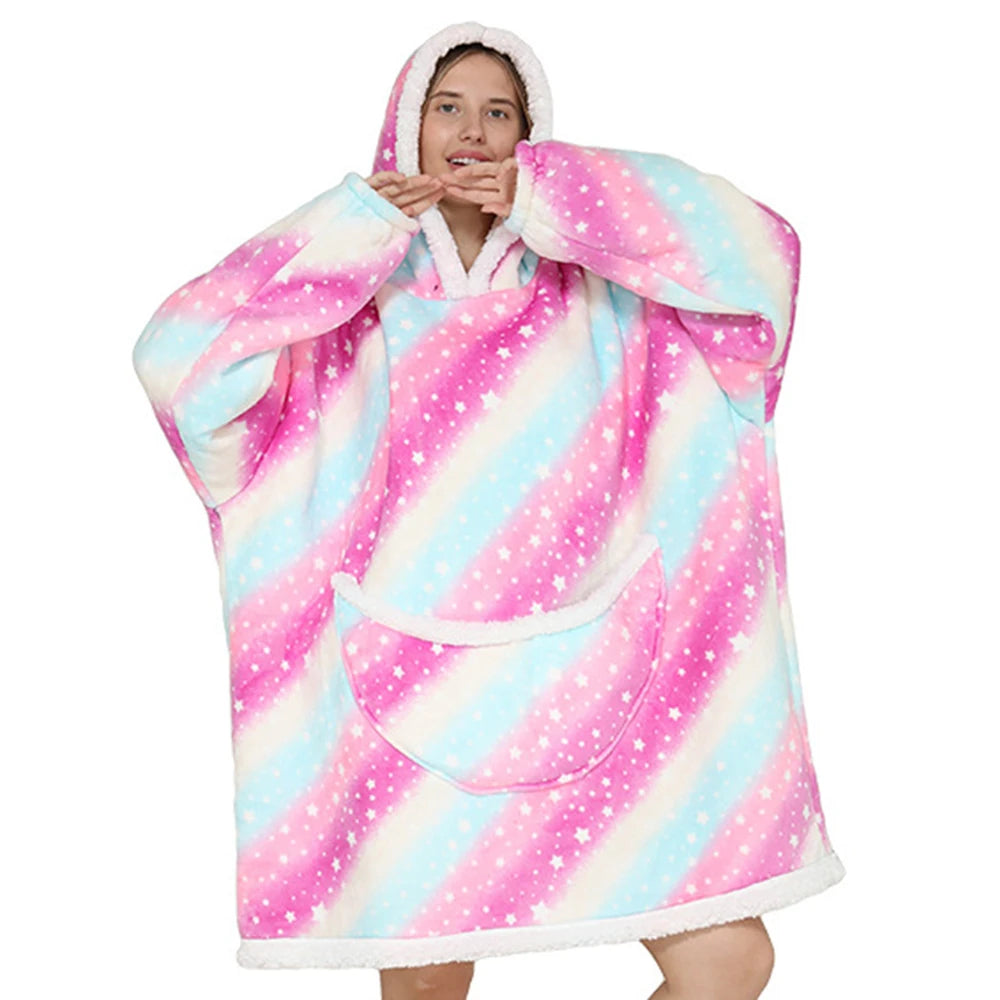 2024 Cartoon Oversized Hoodie Blanket with Sleeves Winter Warm Fleece Sweatshirt Cow Hoodies Women Men Korean Funny Print Hoodie