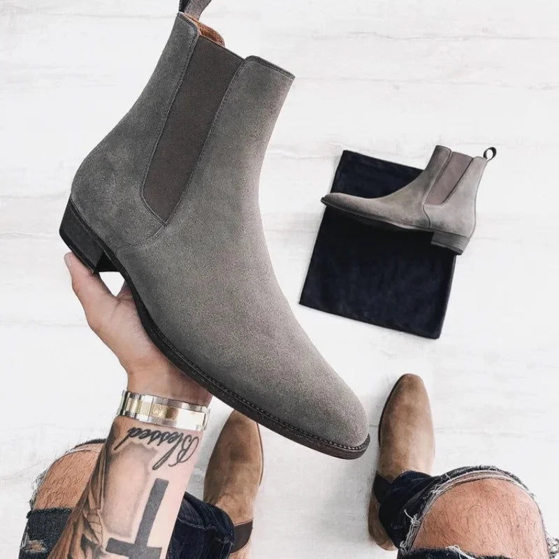 New Gray Chelsea Boots for Men  Flock Business Men Ankle Boots Cowboy Boots Handmade Men Boots Size 38-46 Free Shipping