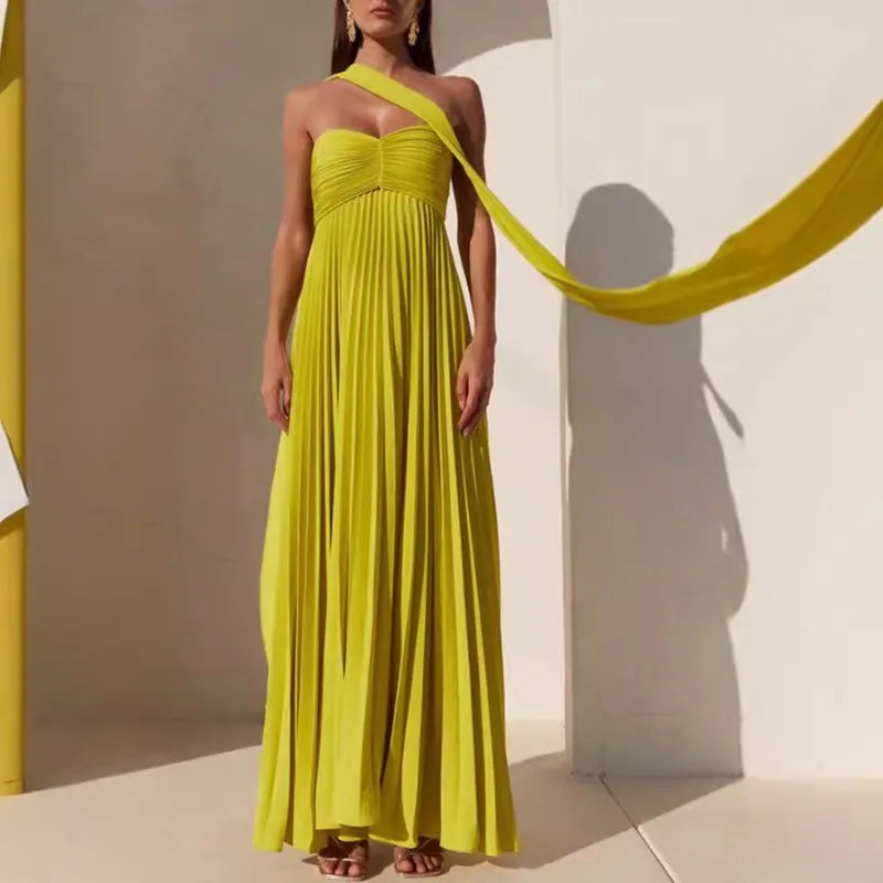 Elegant Strapless Pleated Long Dress for Women Sexy Sleeveless Backless Design Spring Summer New Arrival Lady Evening Party Robe