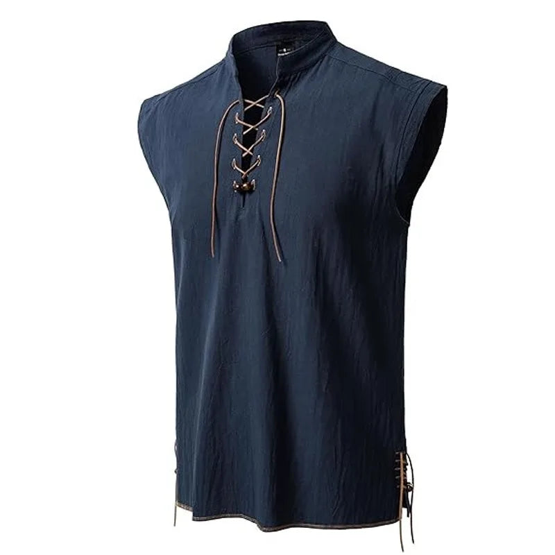 Summer Shirt Cotton Linen Sleeveless Men's Retro Casual Tanks Tops Lace Up Mandarin Collar Renaissance Vikings Pirate Costume