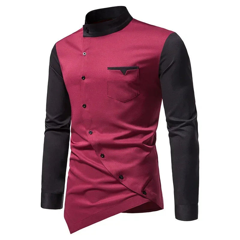 2026 Men's Casual Shirts Patchwork Irregular Oblique Button Long Sleeve Men's Dress Wedding Business Shirt Tops Chemise Homme