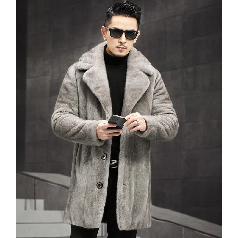Men's winter warm fur coat mimics mink casual windbreaker mid-length jacket