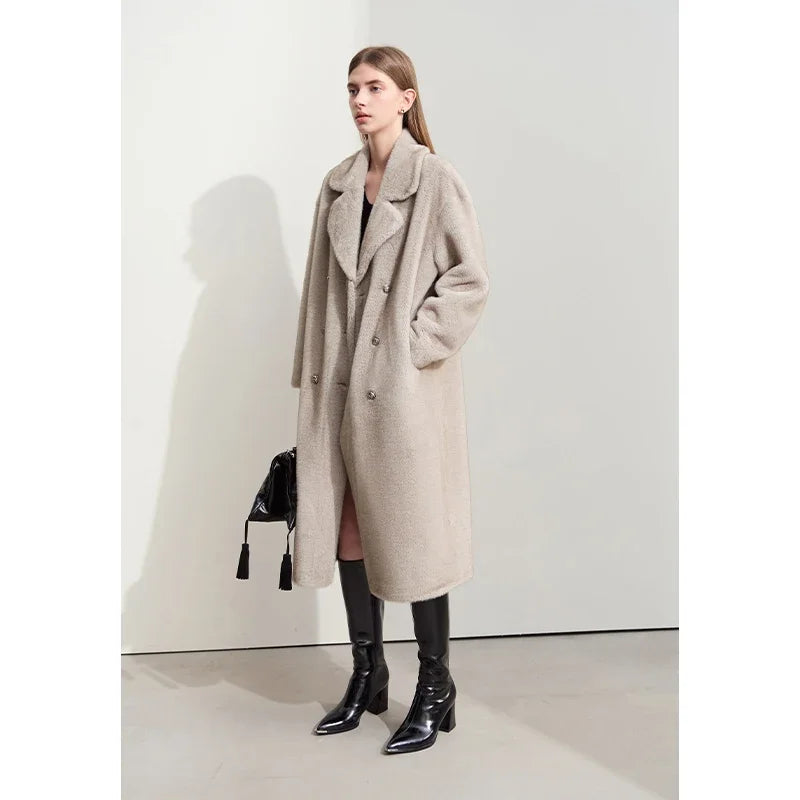 AMII Minimalism Women's Imitation Mink Eco-friendly Fur Suit Collar Double-breasted 2024 Winter Loose Thick Outerwears 12424011