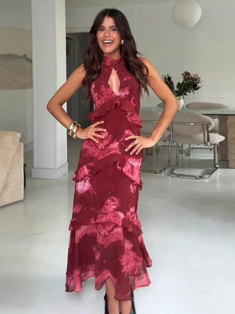 Floral Print Halter Neck Cutout Maxi Dress Tiered Ruffle Sleeveless 2026 Summer Women Vacation Dress Fashion Boho Lady Vestido