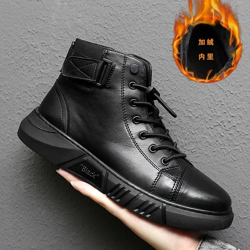 2024 Autumn Winter Fashion Men's Ankle Boots PU Leather High Quality Comfortable Black Leather Platform Casual Shoes