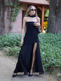 High Split Pleated Hem Patchwork Long Dress Women Strapless Backless Sleeveless Robes Chic Lady Holiday Evening Party Gown