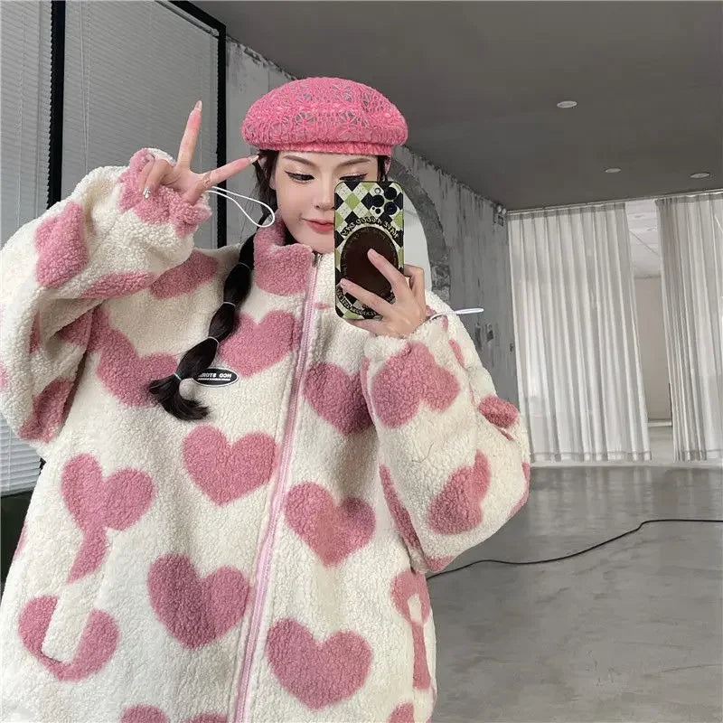 Autumn/Winter Couple's Stand Collar Cotton Coat Two-Sided Wear Lamb Wool Fleece Jacket For Men And Women Niche Nylon Parkas