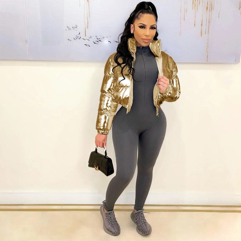 ANJAMANOR Silver Glossy Puffer Jacket Zip Up Shiny Bubble Coat Streetwear Women Clothing Winter Baddie Clothes D48-FH59