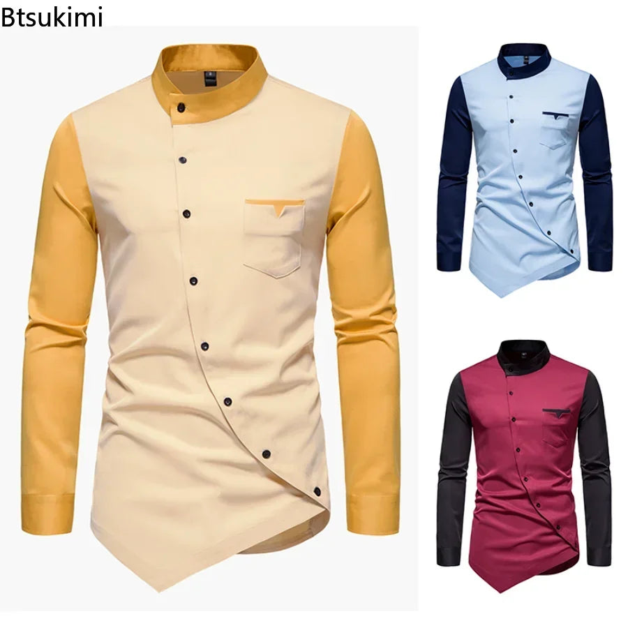 2026 Men's Casual Shirts Patchwork Irregular Oblique Button Long Sleeve Men's Dress Wedding Business Shirt Tops Chemise Homme