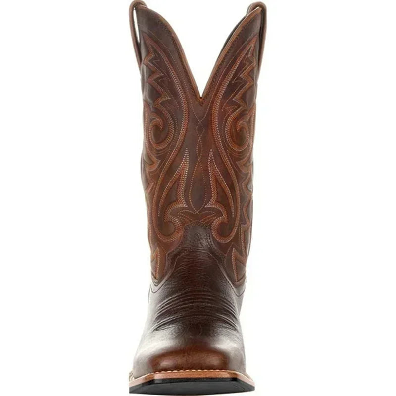 Men Boots Mid Calf Western Cowboy Motorcycle Boots Male Autumn Outdoor PU Leather Totem Med-Calf Boots Retro Designed Men Shoes