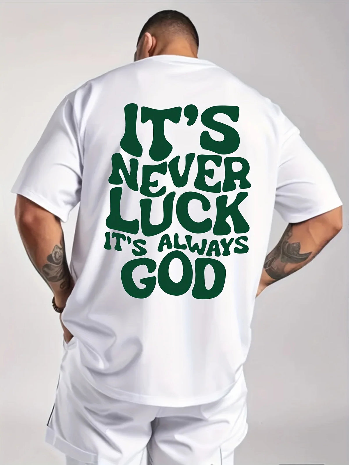 Men's Summer 100% Cotton Fashionable Casual Loose God Luck Letter Printed Sports Round Neck Short Sleeve T-shirt Top