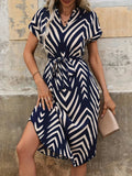 2024 Summer New Fashion Clothing Women's Elegant And Casual V-neck Short Sleeved Stripe Belt Comfortable Dress