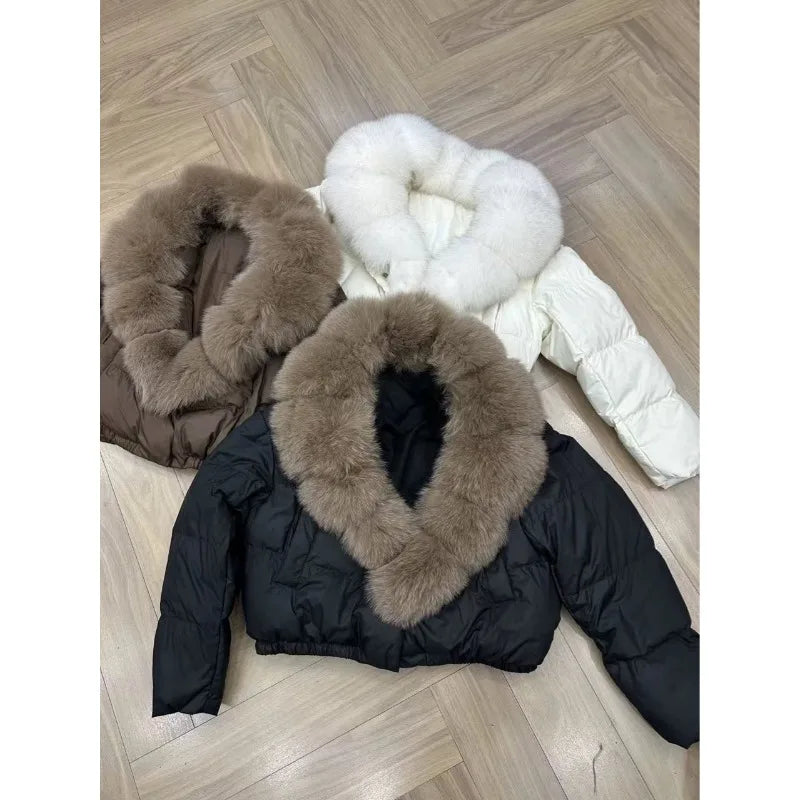 2025 Winter New Women's Short Fashion Warm Feather Cotton Clothes Anti-fox Fur Collar Jacket