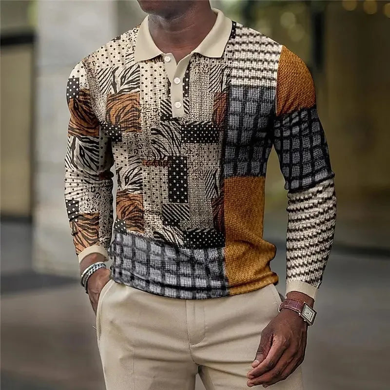 Men's Plaid Vintage Long Sleeve Polo Shirt Lapel Sports Leisure Outdoor Office Daily Wear Button Spring Autumn Winter