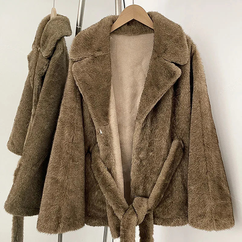 DEAT 2026 Autumn Winter New Faux Fox Fur Batwing Sleeve Coat For Women High-end Elegant Lace-up Waist Jacket Female 11A05803