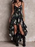 2026 new printed camisole dress for women, V-neck, waist cinched, high slit long skirt, fashionable vacation dress