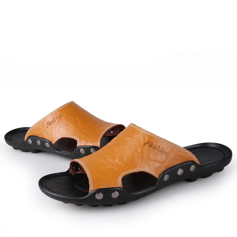Big Size Men Slippers Summer Fashion Genuine Leather Casual Slides Street Fashion Beach Shoes Black Cow Leather Sandals