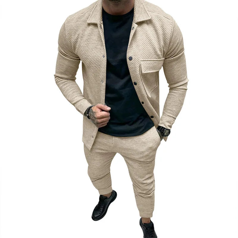 New Mens Casual Suit Heavy Twill Jacket New Solid Color Jacquard Two-piece Set for Men