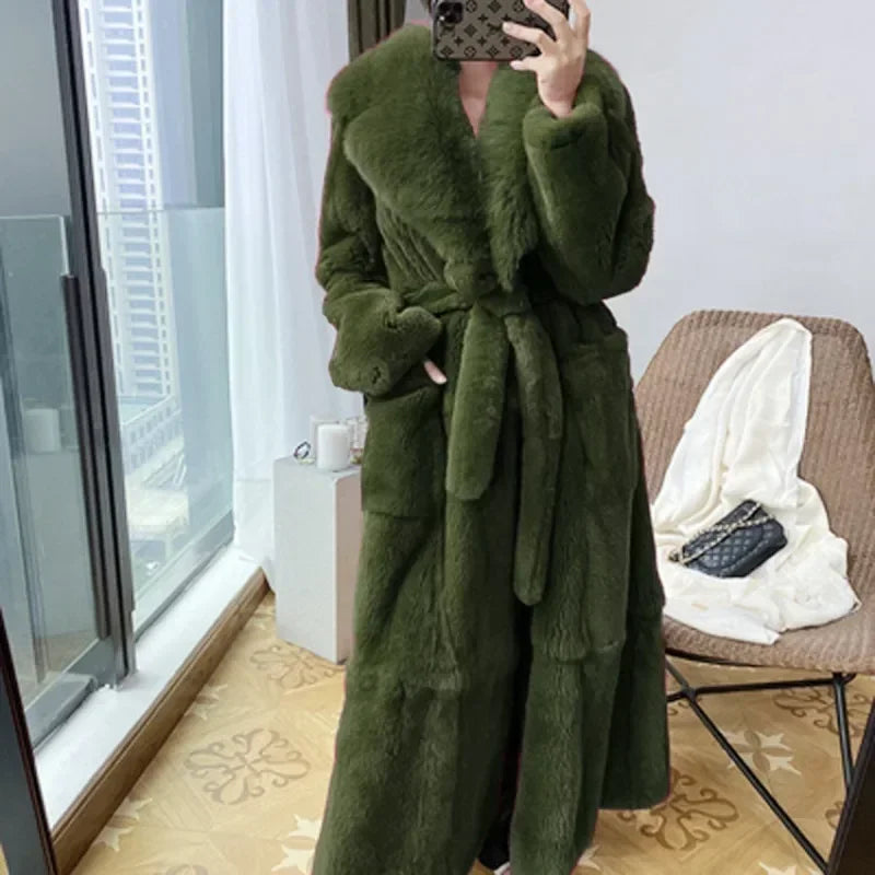 Solid Color Fur Jackets Overcoats Lace Up Pockets Trend Faux Fur Coat Women's Mid-Length Coat Fashion Loose Faux Outwear Coats